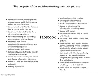 •! ("*!7'(*@&(7*4-&)%30.*2""1*'(*,&!($-)0*
'%3*!"##)%(0.*@'(!7*4"-*&%()-)06%8*
/&3)"0*$,2"'3)3*AC*"(7)-0
•! ("**!"#$%&!'()*@&(7*4-&)%30.*07'-)*'%3*
2""1*'(*,7"("0.*$0&%8*(7)*!7'(
•! ("*!"##$%&!'()*@&(7*4-&)%30.*07"@*
,&!($-)0.*07'-)*)+,)-&)%!)
•! 4"-*!"##$%&!'6%8*'%3*!"%%)!6%8*
@&(7*#C*4-&)%30.*07'-&%8*,7"("0
•! ("*!"%%)!(*@&(7*4-&)%30
•! ("*4"22"@*&%4"-#'6"%0*"4*4-&)%30*'%3*
@'(!7*&%()-)06%8*/&3)"0
•! ("*1)),*!"%('!(*@&(7*4-&)%30
•! ("*1)),*&%*("$!7*@&(7*4-&)%30.*;&%1)39%*
?*%)(@"-1*@&(7*)#,2"C)-0
•! #'&%2C*4"-*!"##$%&!'6%8*@&(7*4-&)%30*
'%3*07'-&%8*&%4"-#'6"%*@&(7*(7)#
•! #'&%2C*("*07'-)*(7)*&%4"-#'6"%*'(*(7)*
$%&/)-0&(C
•! %"(7&%8*&%*,'-6!$2'-
Facebook
•! 07'-&%8*,7"("0.*!7'(.*,-"D2)0
•! 07'-&%8*0"#)*%)@0G0("-&)0
•! 0"!&'2*!"##$%&!'6"%*@&(7*4-&)%30
•! ('21&%8*("*4-&)%30.*07'-&%8*
,7"("8-',70.*"-8'%&0&%8*)/)%(0
•! ('21&%8*@&(7*4-&)%30
•! ("*!"##$%&!'()*'%3*1)),*&%*!"%('!(*
@&(7*4-&)%30
•! ("*!"%%)!(*@&(7*4-&)%30*07'-&%8*%)@*
,&!($-)0
•! ("*8)(*&%*("$!7*@&(7*4-&)%30.*#'&%2C*
,'-6)0.*8'(7)-&%8.*)/)%(0.*0"#)6#)0*
'!'3)#&!'22C*-)2'()3*)/)%(0.*'20"*("*
$,2"'3*'%3*2""1*'(*,&!($-)0>
•! ("*&%*("$!7*@&(7*4-&)%30.*%"@*4'#&2C*
'0*@)22*'0*9*'#*'@'C*4-"#*7"#).*
N""82)*M$TT*?*$,3'6%8*@7'(0*&%*#&%3*
F*("*A)*&%*("$!7
•! ("*1%"@*@7'(*#C*4-&)%30*3"*%"@*'%3*
@7'(*7',,)%*&%*(7)&-*3'&2C*2&4)
•! ("*0"!&'2&0).*,$(*"%*,7"("0.*!"%('!(*
4-&)%30
The purposes of the social networking sites that you use
Wednesday, 27 April 2011
 