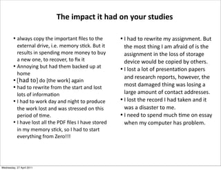 •!'2@'C0*!",C*(7)*&#,"-('%(*D2)0*("*(7)*
)+()-%'2*3-&/).*&>)>*#)#"-C*06!1>*M$(*&(*
-)0$2(0*&%*0,)%3&%8*#"-)*#"%)C*("*A$C*
'*%)@*"%).*("*-)!"/)-.*("*D+*&(
•!W%%"C&%8*A$(*7'3*(7)#*A'!1)3*$,*'(*
7"#)
•![had to] 3"*^(7)*@"-1_*'8'&%
•!7'3*("*-)@-&()*4-"#*(7)*0('-(*'%3*2"0(*
2"(0*"4*&%4"-#'6"%
•!9*7'3*("*@"-1*3'C*'%3*%&87(*("*,-"3$!)*
(7)*@"-1*2"0(*'%3*@'0*0(-)00)3*"%*(7&0*
,)-&"3*"4*6#)>
•!9*7'/)*2"0(*'22*(7)*EbV*D2)0*9*7'/)*0("-)3*
&%*#C*#)#"-C*06!1.*0"*9*7'3*("*0('-(*
)/)-C(7&%8*4-"#*g)-"hhh
•!9*7'3*("*-)@-&()*#C*'00&8%#)%(>*M$(*
(7)*#"0(*(7&%8*9*'#*'4-'&3*"4*&0*(7)*
'00&8%#)%(*&%*(7)*2"00*"4*0("-'8)*
3)/&!)*@"$23*A)*!",&)3*AC*"(7)-0>
•!9*2"0(*'*2"(*"4*,-)0)%('6"%*,',)-0*
'%3*-)0)'-!7*-),"-(0.*7"@)/)-.*(7)*
#"0(*3'#'8)3*(7&%8*@'0*2"0&%8*'*
2'-8)*'#"$%(*"4*!"%('!(*'33-)00)0>
•!9*2"0(*(7)*-)!"-3*9*7'3*('1)%*'%3*&(*
@'0*'*3&0'0()-*("*#)>
•!9*%))3*("*0,)%3*#$!7*6#)*"%*)00'C*
@7)%*#C*!"#,$()-*7'0*,-"A2)#>
!"#$%&'()*$%*$"(+$,-$.,/0$1*/+%#1
Wednesday, 27 April 2011
 