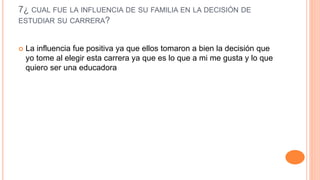 7¿ CUAL FUE LA INFLUENCIA DE SU FAMILIA EN LA DECISIÓN DE
ESTUDIAR SU CARRERA?
 La influencia fue positiva ya que ellos tomaron a bien la decisión que
yo tome al elegir esta carrera ya que es lo que a mi me gusta y lo que
quiero ser una educadora
 