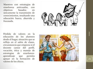 Maestros con estrategias de
enseñanza anticuadas, con
objetivos basados en
únicamente la transmisión de
conocimientos, resultando una
educación hueca, aburrida y
fracasada.
Pérdida de valores en la
educación de los alumnos
desde el hogar, situación que se
refleja en el salón de clases,
circunstancia que empeora si el
docente carece del perfil,
vocación, ética y manejo de
estrategias de enseñanza-
aprendizaje que permita
apoyar en la formación de
valores de los chicos.
MABM
21
 