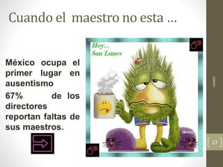 Cuando el maestro no esta …
México ocupa el
primer lugar en
ausentismo
67% de los
directores
reportan faltas de
sus maestros.
MABM
27
 