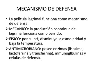 MECANISMO DE DEFENSA
• La película lagrimal funciona como mecanismo
de defensa:
MECANICO: la producción coontinua de
lagrima funciona como barrido.
FISICO: por su pH, disminuye la osmolaridad y
baja la temperatura.
ANTIMICROBIANO: posee enzimas (lisozima,
lactoferrina y transferrina), inmunoglbulinas y
celulas de defensa.
 