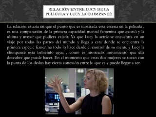 La relación estaría en que el punto que es mostrada esta escena en la película ,
es una comparación de la primera capacidad mental femenina que existió y la
ultima y mayor que pudiera existir. Ya que Lucy la actriz se encuentra en un
viaje por todas las partes del mundo y llega a esta donde se encuentra la
primera especie femenina todo lo hace desde el control de su mente y Lucy la
chimpancé esta bebiendo agua , como es mostrado movimiento que ella
descubre que puede hacer. En el momento que estas dos mujeres se tocan con
la punta de los dedos hay cierta conexión entre lo que es y puede llegar a ser.
RELACIÓN ENTRE LUCY DE LA
PELÍCULA Y LUCY LA CHIMPANCÉ
 