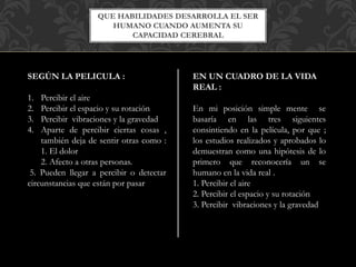 QUE HABILIDADES DESARROLLA EL SER
HUMANO CUANDO AUMENTA SU
CAPACIDAD CEREBRAL
SEGÚN LA PELICULA :
1. Percibir el aire
2. Percibir el espacio y su rotación
3. Percibir vibraciones y la gravedad
4. Aparte de percibir ciertas cosas ,
también deja de sentir otras como :
1. El dolor
2. Afecto a otras personas.
5. Pueden llegar a percibir o detectar
circunstancias que están por pasar
EN UN CUADRO DE LA VIDA
REAL :
En mi posición simple mente se
basaría en las tres siguientes
consintiendo en la película, por que ;
los estudios realizados y aprobados lo
demuestran como una hipótesis de lo
primero que reconocería un se
humano en la vida real .
1. Percibir el aire
2. Percibir el espacio y su rotación
3. Percibir vibraciones y la gravedad
 
