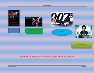 Películas




     BATMAN                LOS VENGADORES
                                                          SKYFALL




                                                                             Sherlock Holmes




                 Películas de terror más reconocidas por todos los tiempos



Sofia luna 9ºa                                                                    Página 4
 