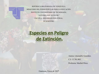 REPÚBLICA BOLIVARIANA DE VENEZUELA.
MINISTERIO DEL PODER POPULAR PARA LA EDUCACIÓN.
INSTITUTO UNIVERSITARIO DE TECNOLOGÍA.
“ANTONIO JOSÉ DE SUCRE.”
ESCUELA- SEGURIDAD INDUSTRIAL.
III SEMESTRE.
Autora: Llusmalliz González.
C.I- 12.761.963.
Profesora: Maribel Pérez.
Guarenas, Enero de 2017.
 