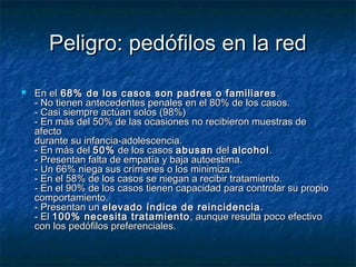 PPeelliiggrroo:: ppeeddóóffiillooss eenn llaa rreedd 
 EEnn eell 6688%% ddee llooss ccaassooss ssoonn ppaaddrreess oo ffaammiilliiaarreess.. 
-- NNoo ttiieenneenn aanntteecceeddeenntteess ppeennaalleess eenn eell 8800%% ddee llooss ccaassooss.. 
-- CCaassii ssiieemmpprree aaccttúúaann ssoollooss ((9988%%)) 
-- EEnn mmááss ddeell 5500%% ddee llaass ooccaassiioonneess nnoo rreecciibbiieerroonn mmuueessttrraass ddee 
aaffeeccttoo 
dduurraannttee ssuu iinnffaanncciiaa--aaddoolleesscceenncciiaa.. 
-- EEnn mmááss ddeell 5500%% ddee llooss ccaassooss aabbuussaann ddeell aallccoohhooll.. 
-- PPrreesseennttaann ffaallttaa ddee eemmppaattííaa yy bbaajjaa aauuttooeessttiimmaa.. 
-- UUnn 6666%% nniieeggaa ssuuss ccrríímmeenneess oo llooss mmiinniimmiizzaa.. 
-- EEnn eell 5588%% ddee llooss ccaassooss ssee nniieeggaann aa rreecciibbiirr ttrraattaammiieennttoo.. 
-- EEnn eell 9900%% ddee llooss ccaassooss ttiieenneenn ccaappaacciiddaadd ppaarraa ccoonnttrroollaarr ssuu pprrooppiioo 
ccoommppoorrttaammiieennttoo.. 
-- PPrreesseennttaann uunn eelleevvaaddoo íínnddiiccee ddee rreeiinncciiddeenncciiaa.. 
-- EEll 110000%% nneecceessiittaa ttrraattaammiieennttoo,, aauunnqquuee rreessuullttaa ppooccoo eeffeeccttiivvoo 
ccoonn llooss ppeeddóóffiillooss pprreeffeerreenncciiaalleess.. 
 