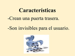 Características
-Crean una puerta trasera.
-Son invisibles para el usuario.
 