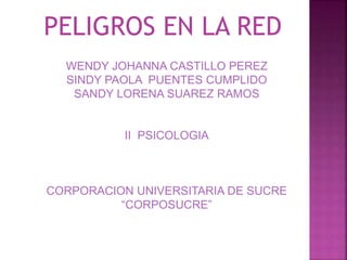 PELIGROS EN LA RED
WENDY JOHANNA CASTILLO PEREZ
SINDY PAOLA PUENTES CUMPLIDO
SANDY LORENA SUAREZ RAMOS
II PSICOLOGIA
CORPORACION UNIVERSITARIA DE SUCRE
“CORPOSUCRE”
 