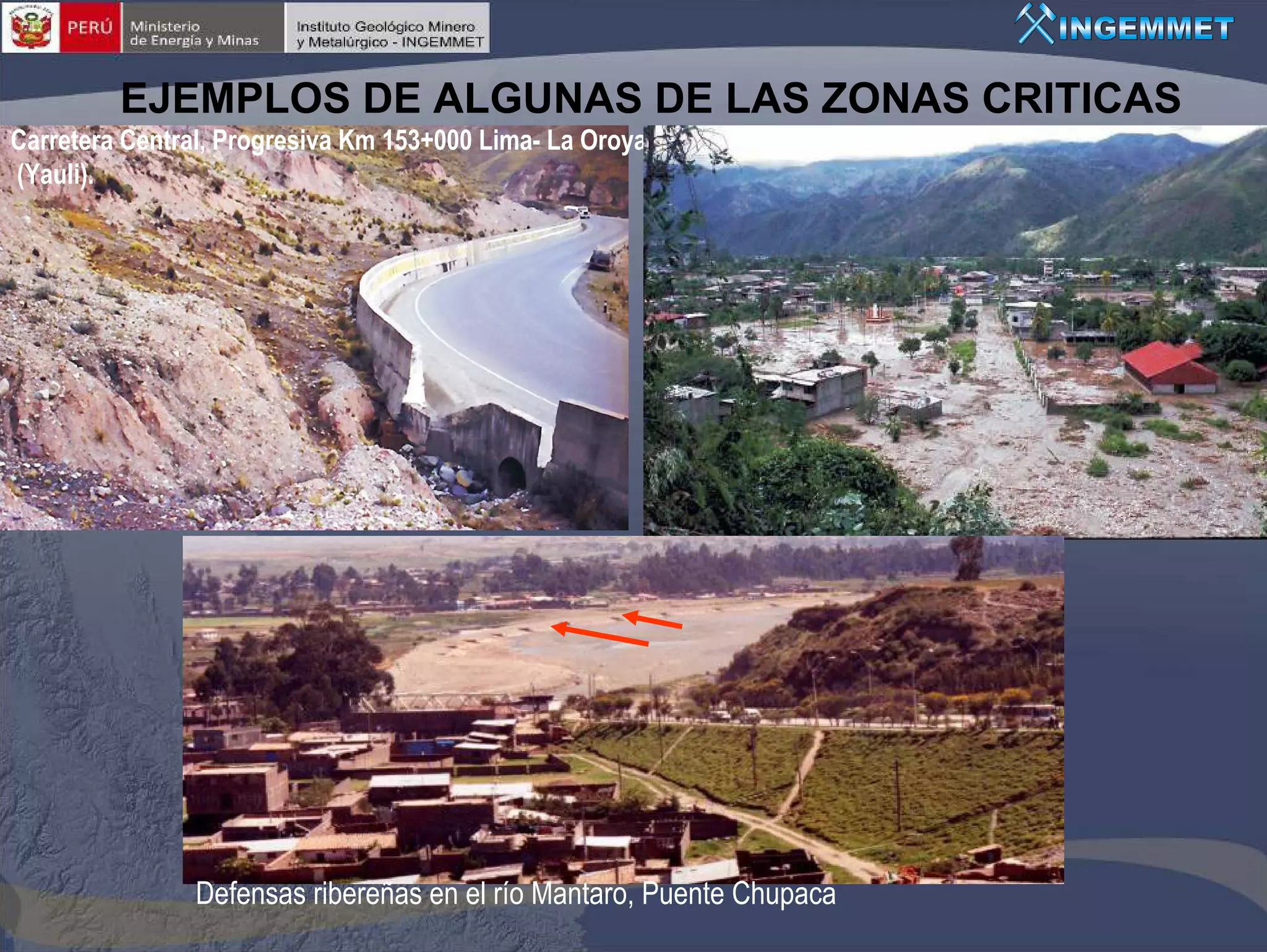 EJEMPLOS DE ALGUNAS DE LAS ZONAS CRITICAS
Carretera Central, Progresiva Km 153+000 Lima- La Oroya
(Yauli).




                Defensas ribereñas en el río Mantaro, Puente Chupaca
 