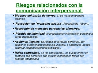 Riesgos relacionados con la comunicación interpersonal . Bloqueo del buzón de correo .  Si se mandan grandes archivos. Recepción de "mensajes basura " . Propaganda  (spam).  Recepción de mensajes personales ofensivos.   Pérdida de intimidad .  Al proporcionar información personal a gente desconocida.  Acciones ilegales .  Dar datos de terceras personas, dar  opiniones o contenidos negativos, insultar, o amenazar  puede acarrear responsabilidades judiciales . Malas compañías.  En los chats,foros,,, se puede entrar en contacto con personas que utilizan identidades falsas con oscuras  intenciones. 