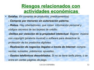 Riesgos relacionados con actividades económicas   Estafas . En compras  de productos. (medicamentos) - Compras por menores sin autorización paterna.   - Robos.  Hay ciberladrones  que roban  información personal y códigos secretos de las tarjetas de crédito. -Delitos   por violación de la propiedad intelectual . Bajarse  música con copyright (piratería musical) o software para desactivar la protección de los productos digitales.  -  Realización de negocios ilegales  a través de Internet : compra-ventas, subastas, préstamos, apuestas... - Gastos telefónicos desorbitados.  Si no se tiene tarifa plana, o se entra en ciertas páginas de pago. 