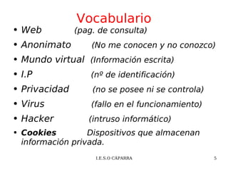 Vocabulario Web  (pag. de consulta) Anonimato  (No me conocen y no conozco)  Mundo virtual  (Información escrita) I.P  (nº de identificación) Privacidad  (no se posee ni se controla) Virus  (fallo en el funcionamiento) Hacker  (intruso informático) Cookies   Dispositivos que almacenan información privada. 