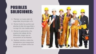 POSIBLES
SOLUCIONES:
1. Plantear un nuevo plan de
seguridad, de principio a fin
2. Revisar todos los puntos que
plantea el plan de seguridad y
corregir los mas inadecuados
3. Revisar la autonomía y los
puestos de trabajo de los
diferentes cargos que se
encuentren en la empresa
4. Realizar tutorías a todos los
trabajadores para asegurarse
de que se cumplan todos los
lineamientos.
 
