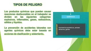 TIPOS DE PELIGRO
Los productos químicos que pueden causar
reacciones desfavorables en el trabajador se
dividen en las siguientes categorías:
explosivos, inflamables, gases, radioactivos,
sólidos y líquidos.
La prevención de accidentes laborales con
agentes químicos debe estar basada en
acciones de clasificación y aislamiento.
 