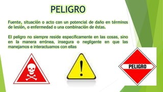 PELIGRO
Fuente, situación o acto con un potencial de daño en términos
de lesión, o enfermedad o una combinación de éstas.
El peligro no siempre reside específicamente en las cosas, sino
en la manera errónea, insegura o negligente en que las
manejamos e interactuamos con ellas
 