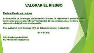 VALORAR EL RIESGO
Evaluación de los riesgos
La evaluación de los riesgos corresponde al proceso de determinar la probabilidad de
que ocurran eventos específicos y la magnitud de sus consecuencias, mediante el uso
sistemático de la información disponible.
Para evaluar el nivel de riesgo (NR), se debería determinar lo siguiente:
NR = NP x NC
NP = Nivel de probabilidad
NC = Nivel de consecuencia
 
