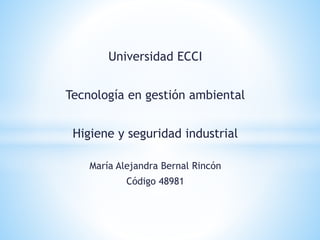 Universidad ECCI
Tecnología en gestión ambiental
Higiene y seguridad industrial
María Alejandra Bernal Rincón
Código 48981
 