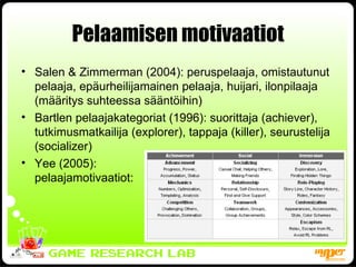 Pelaamisen motivaatiot Salen & Zimmerman (2004): peruspelaaja, omistautunut pelaaja, epäurheilijamainen pelaaja, huijari, ilonpilaaja (määritys suhteessa sääntöihin) Bartlen pelaajakategoriat (1996): suorittaja (achiever), tutkimusmatkailija (explorer), tappaja (killer), seurustelija (socializer) Yee (2005):  pelaajamotivaatiot: 