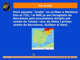 Els àrabs

Però aquests “àrabs” no arriben a Narbona
fins el 732, i el 800 ja son foragitats de
Barcelona pels precatalans dirigits pel
comte de Tolosa i dux de Gòtia i primer
comte de Barcelona, Guillem el Sant.
 