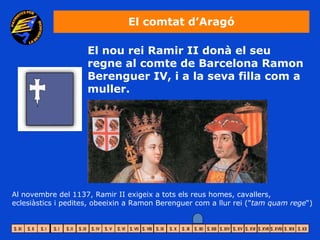 El comtat d’Aragó

                    El nou rei Ramir II donà el seu
                    regne al comte de Barcelona Ramon
                    Berenguer IV, i a la seva filla com a
                    muller.




Al novembre del 1137, Ramir II exigeix a tots els reus homes, cavallers,
eclesiàstics i pedites, obeeixin a Ramon Berenguer com a llur rei ("tam quam rege“)
 