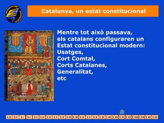 Catalunya, un estat constitucional


     Mentre tot això passava,
     els catalans configuraren un
     Estat constitucional modern:
     Usatges,
     Cort Comtal,
     Corts Catalanes,
     Generalitat,
     etc
 