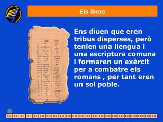 Els íbers


Ens diuen que eren
tribus disperses, però
tenien una llengua i
una escriptura comuna
i formaren un exèrcit
per a combatre els
romans , per tant eren
un sol poble.
 