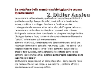 2. Didier Anzieu  La metafora della membrana biologica che separa mentre unisce La membrana della molecola, quella che avvolge gli organi interni, e quella che avvolge il corpo (la pelle) non è solo una barriera che separa, contiene e protegge. Non ha una funzione passiva contrapposta alla funzione attiva del nucleo, dell’organo, del corpo. La membrana molecolare è attiva da un punto di vista chimico: distingue le sostanze di cui la molecola ha bisogno e respinge le altre. Distingue dentro e fuori, trasmette al nucleo (attraverso filamenti o “canali”) informazioni dal mondo esterno. Barriera, interfaccia, contenitore: una potente metafora di ciò che racchiude la mente e il pensiero. Per Anzieu (1985) l’Io-pelle è “una rappresentazione di cui si serve l’Io del bambino, durante le fasi precoci dello sviluppo, per rappresentarsi sé stesso come Io che contiene i contenuti psichici,  a partire dalla propria esperienza della superficie del corpo ”. Costruisce la percezione di un contenitore che – come la pelle fisica che fa da confine al suo corpo, al suo interno – contiene affetti e pensieri come un involucro psichico. 