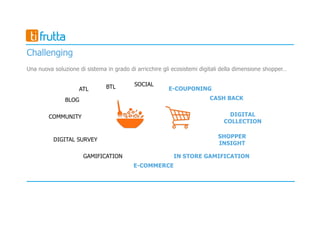 COMMUNITY
SOCIAL
BLOG
ATL BTL E-COUPONING
DIGITAL SURVEY
GAMIFICATION
E-COMMERCE
Challenging
Una nuova soluzione di sistema in grado di arricchire gli ecosistemi digitali della dimensione shopper…
CASH BACK
SHOPPER
INSIGHT
DIGITAL
COLLECTION
IN STORE GAMIFICATION
 