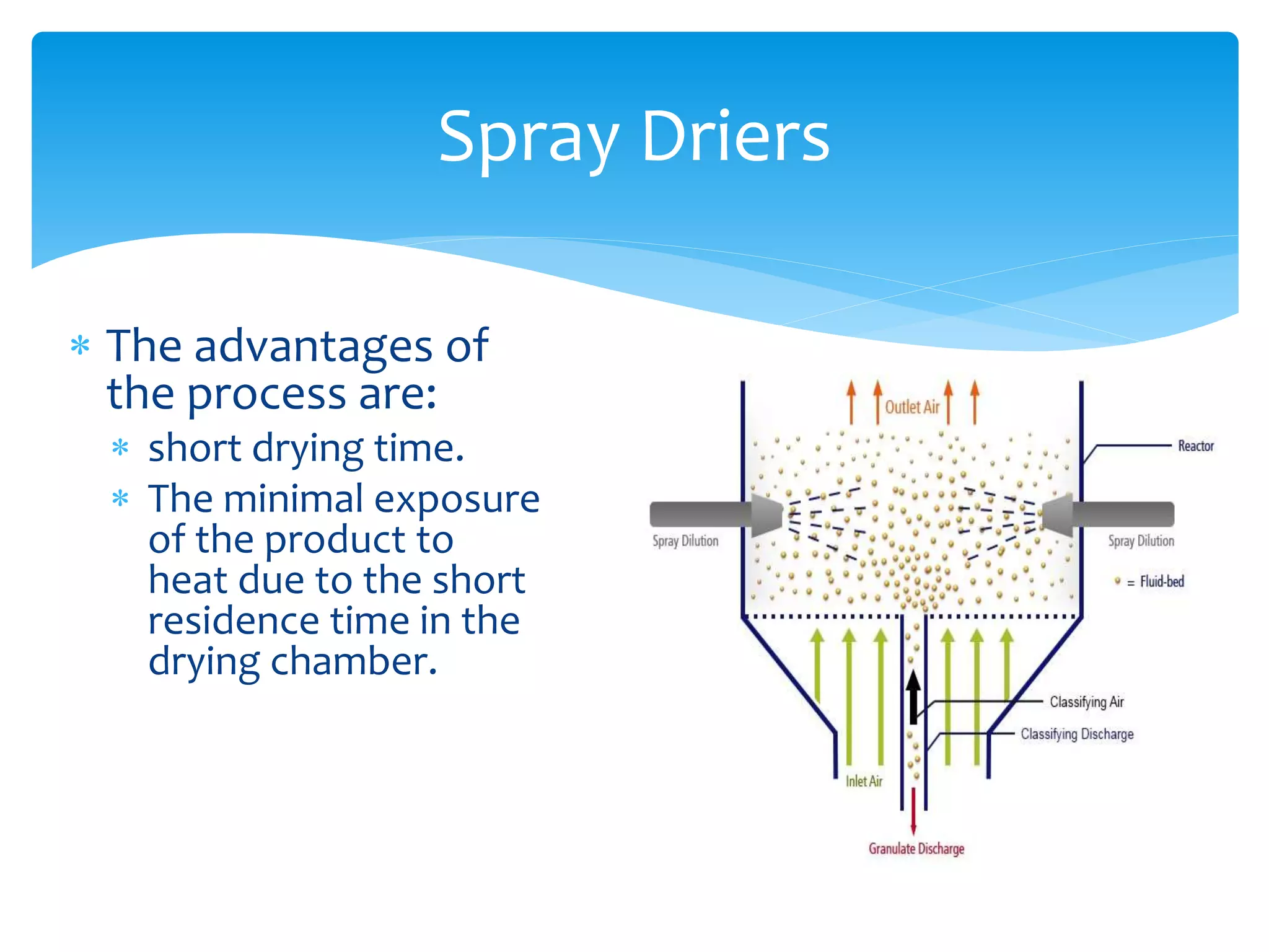  The advantages of
the process are:
 short drying time.
 The minimal exposure
of the product to
heat due to the short
residence time in the
drying chamber.
Spray Driers
 