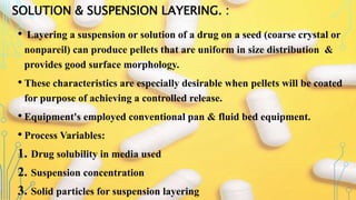 SOLUTION & SUSPENSION LAYERING. :
• Layering a suspension or solution of a drug on a seed (coarse crystal or
nonpareil) can produce pellets that are uniform in size distribution &
provides good surface morphology.
• These characteristics are especially desirable when pellets will be coated
for purpose of achieving a controlled release.
• Equipment's employed conventional pan & fluid bed equipment.
• Process Variables:
1. Drug solubility in media used
2. Suspension concentration
3. Solid particles for suspension layering
 