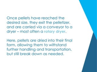 Once pellets have reached the
desired size, they exit the pelletizer,
and are carried via a conveyor to a
dryer – most often a rotary dryer.
Here, pellets are dried into their final
form, allowing them to withstand
further handling and transportation,
but still break down as needed.
 