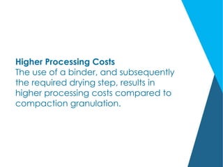 Higher Processing Costs
The use of a binder, and subsequently
the required drying step, results in
higher processing costs compared to
compaction granulation.
 