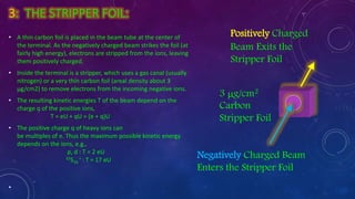 3: THE STRIPPER FOIL:
• A thin carbon foil is placed in the beam tube at the center of
the terminal. As the negatively charged beam strikes the foil (at
fairly high energy), electrons are stripped from the ions, leaving
them positively charged.
• Inside the terminal is a stripper, which uses a gas canal (usually
nitrogen) or a very thin carbon foil (areal density about 3
µg/cm2) to remove electrons from the incoming negative ions.
• The resulting kinetic energies T of the beam depend on the
charge q of the positive ions,
T = eU + qU = (e + q)U
• The positive charge q of heavy ions can
be multiples of e. Thus the maximum possible kinetic energy
depends on the ions, e.g.,
p, d : T = 2 eU
32S16
+ : T = 17 eU
•
Positively Charged
Beam Exits the
Stripper Foil
3 mg/cm2
Carbon
Stripper Foil
Negatively Charged Beam
Enters the Stripper Foil
 