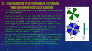 7: MEASURING THE TERMINAL VOLTAGE
THE GENERATING VOLT METER
• The terminal voltage can be measured in real time by a device known as a
Generating Volt Meter.
• This device is mounted in the tank wall, and the rotor blades spin in front
of the stators, alternately covering and exposing the various stator plates.
• As the stators are exposed to the electric field of the terminal, an
electrical signal is generated that is proportional to the terminal voltage.
• In GV Control, the terminal voltage as measured by the Generating
Voltmeter is compared to the terminal voltage specified by the
experimenter via a setting on the front panel.
• The difference between the measured voltage and the requested voltage
is used by the stabilizer to adjust the corona tube grid bias. For example, if
the measured voltage is too high, the stabilizer adjusts the corona tube
grid bias to allow more current to flow through the corona needles,
reducing the terminal voltage until it agrees with the requested value.
 
