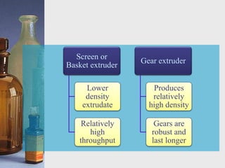 Screen or
Basket extruder
Lower
density
extrudate
Relatively
high
throughput
Gear extruder
Produces
relatively
high density
Gears are
robust and
last longer
 