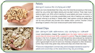 Pellets
(600 kg/m3; moisture 7%; 17.5 Mj/kg; ash 0.7%)*
Pellets are more standardized than chips, since the industrial processing so that every
pellet has very similar (and higher) density and one-digit moisture. Those mean lower
relative logistic cost. With uniform density of wood pellets and lower moisture, it is
easier for the heater to provide a predictable, even rate of heating over a period, a
concept referred to as being in "steady state“. Heat systems running at steady state
will be more efficient and provide more reliable indoor comfort. Another critical
advantage of pellets is the lower smoke and particulate matter emission.
Wood Chips
(250 - 300 kg/m3; 25% - 45% moisture ; 13.5 – 9.5 Mj/kg; 1.0 – 1.5% ash)*
Lower industrialization, cheaper than pellets (even the higher relative logistic cost,
wood chips still shows lower $/Mj, compared to pellets). They are chipped woody
biomass in the form of pieces with a defined particle size produced by mechanical
treatment with sharp tools such as knives. Wood chips have a sub-rectangular shape
with a typical length 5 to 50 mm and a low thickness compared to other dimensions.
Cutter chips, forest chips, green chips, stemwood chips, and whole-tree chips.
*There are independent commercially acknowledged standards issued for
pellets and wood chips, so the values above may vary accordingly.
 