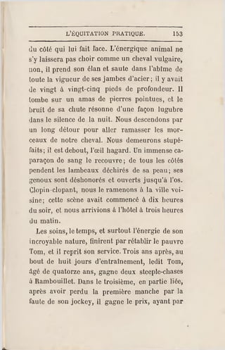 L'ÉQUITATION PRATIQUE. 153
(lu côté qui lui fait lace. L'énergique animal ne
s'y laissera pas choir comme un cheval vulgaire,
non, il prend son élan et saute dans l'abîme de
toute la vigueur de ses jambes d'acier; il y avait
de vingt à vingt-cinq pieds de profondeur. 11
tombe sur un amas de pierres pointues, et le
bruit de sa chute résonne d'une façon lugubre
dans le silence de la nuit. Nous descendons par
un long détour pour aller ramasser les mor­
ceaux de notre cheval. Nous demeurons stupé­
faits; il es t debout, l'œil hagard. Un immense ca­
paraçon de sang le recouvre ; de tous les côtés
pendent les lambeaux déchirés de sa peau ; ses
genoux sont déshonorés et ouverts jusqu'à l'os.
Clopin-clopant, nous le ramenons à la ville voi­
sine; cette scène avait commencé à dix heures
du soir, et nous arrivions à l'hôtel à trois heures
uu matin.
Les soins, le temps, et surtout l'énergie de son
incroyable nature, finirent par rétablir le pauvre
Tom, et il reprit son service. Trois ans après, au
bout de huit jours d'entraînement, ledit Tom,
âgé de quatorze ans, gagne deux steeple-chases
ù Rambo uillet. Dans le troisième, en partie liée,
après avoir perdu la première manche par la
faute de son jockey, il gagne le prix, ayant par
 