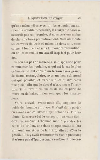 L'KQUITATION PR ATIQUE. 43
qu'une même pièce avec lui, les articulations au­
raient la solidité nécessaire, la charpente osseuse
ne serait pas compromise, et nous verrions moins
de chevaux tarés prématurément. Mais on monte
les chevaux de trois et même de deux ans, sang
songer à tout cela et sans la moindre précaution,
ou on les soumet à un travail trop fort pour leur
âge.
Si l'on n'a pas de manège à sa disposition pour
commencer les poulains, ce qui est le cas le plus
ordinaire, il faut choisir un terrain assez grand,
de forme rectangulaire, avec un bon sol, aussi
uni que possible, et tracer sur les quatre côtés
une piste, afin que le cheval n'erre pas à l'aven­
ture. Si le terrain est enclos de toutes parts de
murs ou de haies, il n'en sera que plus avanta­
geux.
Votre cheval, avons-nous dit, supporte le
poids de l'homme en place. Il s'a git de le porter
en avant avec ce f ardeau qui l'étonné et l'impa­
tiente. Conservez-lui le cavéçon, que vous tien­
drez vous-même. L'homme monté prendra les
rênes du bridon, une dans chaque main ; il fera
un nœud aux rênes de la bride, afin de s'ôter la
possibilité d'y avoir recours sous aucun prétexte;
il n'aura pas d'éperons, mais seulement une era-
 