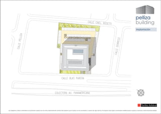 pelliza
building
Implantación
Las imágenes y textos contenidos en la presente carpeta son una mera representación artística del proyecto, por lo tanto, no son vinculantes y carecen de rigor técnico. El proyecto está sujeto a eventuales modificaciones o ajustes a exclusivo criterio del desarrollador.
 