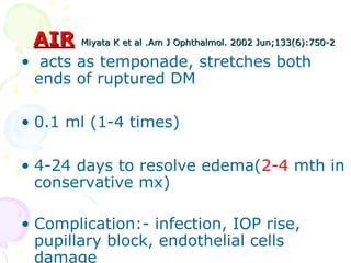 AIRAIR Miyata K et al .Miyata K et al .Am J Ophthalmol. 2002 Jun;133(6):750-2Am J Ophthalmol. 2002 Jun;133(6):750-2
• acts as temponade, stretches both
ends of ruptured DM
• 0.1 ml (1-4 times)
• 4-24 days to resolve edema(2-4 mth in
conservative mx)
• Complication:- infection, IOP rise,
pupillary block, endothelial cells
damage
 