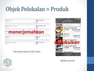 Objek Pelokalan = Produk 
menerjemahkan 
melokalkan 
File terjemahan di CAT Tools 
Aplikasi ponsel 
 