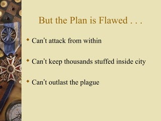 But the Plan is Flawed . . .
 Can’t attack from within
 Can’t keep thousands stuffed inside city
 Can’t outlast the plague
 