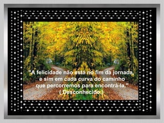 "A felicidade não está no fim da jornada, e sim em cada curva do caminho que percorremos para encontrá-la." ( Desconhecido.) 
