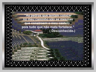   "As pedras que tentam colocar no meu caminho são as mesmas  que constroem o meu castelo , pois tudo que não mata fortalece." ( Desconhecido.) 
