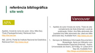 referência bibliográfica
site web
APA
Vancouver
Apelido, Inicial do nome do autor. (Ano, Mês Dia).
Título [Tipologia/formato]. Retrieved from
http://xxx.xxx.xxx
INE. (2014). Portal do Instituto Nacional de Estatística.
Retrieved from http://www.ine.pt
1. Apelido do autor Iniciais do nome. Título do site:
complemento de título [Internet]. Local de
publicação: Editor; Ano Mês abreviado dia
[updated Ano Mês abreviado dia; cited ano Mês
abreviado dia]. Available from: http://www.xxx.xxx
1. Serviços de Biblioteca Informação Documental e
Museologia. Apoio ao Utilizador com
Necessidades Especiais [Internet]. Aveiro:
Universidade de Aveiro, 2014 May 10 [cited 2014
Sep 22]. Available from:
http://blogs.ua.pt/bibliotecaune/
 