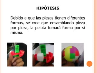 HIPÓTESIS
Debido a que las piezas tienen diferentes
formas, se cree que ensamblando pieza
por pieza, la pelota tomará forma por sí
misma.
 
