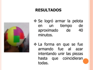 RESULTADOS
 Se logró armar la pelota
en un tiempo de
aproximado de 40
minutos.
 La forma en que se fue
armando fue al azar
intentando unir las piezas
hasta que coincidieran
todas.
 
