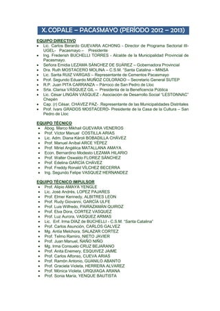 X. COPALE – PACASMAYO (PERÍODO 2012 – 2013)
EQUIPO DIRECTIVO
 Lic. Carlos Berardo GUEVARA ACHONG - Director de Programa Sectorial III-
UGEL- Pacasmayo – Presidente
 Ing. Frederish BUCHELLI TORRES - Alcalde de la Municipalidad Provincial de
Pacasmayo.
 Señora Emidia LEZAMA SÁNCHEZ DE SUÁREZ – Gobernadora Provincial
 Dra. Ruth MOSTACERO MOLINA – C.S.M. “Santa Catalina – MINSA
 Lic. Sarita RUIZ VARGAS – Representante de Cementos Pacasmayo
 Prof. Segundo Eduardo MUÑOZ COLORADO – Secretario General SUTEP
 R.P. Juan PITA CARRANZA – Párroco de San Pedro de Lloc
 Srta. Clarisa VÁSQUEZ GIL – Presidenta de la Beneficencia Pública
 Lic. César LINGÁN VÁSQUEZ - Asociación de Desarrollo Social “LESTONNAC”
Chepén
 Cap. (r) César, CHAVEZ PAZ- .Representante de las Municipalidades Distritales
 Prof. Ivars GRADOS MOSTACERO- Presidente de la Casa de la Cultura – San
Pedro de Lloc
EQUIPO TÉCNICO
 Abog. Marco Mikhail GUEVARA VENEROS
 Prof. Víctor Manuel COSTILLA ARIAS
 Lic. Adm. Diana Károli BOBADILLA CHÁVEZ
 Prof. Manuel Aníbal ARCE YÉPEZ
 Prof. Miriel Angélica MATALLANA AMAYA
 Econ. Bernardino Modesto LEZAMA HILARIO
 Prof. Walter Oswaldo FLOREZ SÁNCHEZ
 Prof. Edelina GARCÍA CHÁVEZ
 Prof. Freddy Ronald VÍLCHEZ BECERRA
 Ing. Segundo Felipe VASQUEZ HERNANDEZ
EQUIPO TÉCNICO IMPULSOR
 Prof. Alipio AMAYA YENGLE
 Lic. José Andrés, LOPEZ PAJARES
 Prof. Elmer Kennedy, ALBITRES LEON
 Prof. Rudy Giovanni, GARCÍA ULFE
 Prof. Luis Wilfredo, PAIRAZAMÁN QUIROZ
 Prof. Elva Dora, CORTEZ VASQUEZ
 Prof. Luz Aurora, VASQUEZ ARMAS
 Lic. Enf. Irma DIAZ de BUCHELLI - C.S.M. “Santa Catalina”
 Prof. Carlos Asunción, CARLOS GALVEZ
 Mg. Antía Melchora, SALAZAR CORTEZ
 Prof. Telmo Ramiro, NIETO JAVIER
 Prof. Juan Manuel, ÑAÑO NIÑO
 Mg. Irma Consuelo CRUZ BEJARANO
 Prof. Anita Enemery, ESQUIVEZ JAIME
 Prof. Carlos Alfonso, CUEVA ARIAS
 Prof. Ramón Antonio, GUANILO ABANTO
 Prof. Graciela Violeta, HERRERA ALVAREZ
 Prof. Mónica Violeta, URQUIAGA ARANA
 Prof. Sonia María, YENQUE BAUTISTA
 