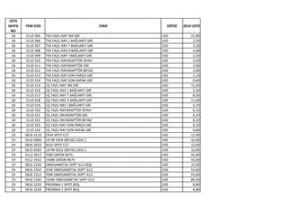 LİSTE
SAYFA
NO
YENİ KOD CİNSİ DÖVİZ 2014 LİSTE
18 3110 305 TEK FAZLI RAY 3M GRİ USD 21,90
18 3110 306 TEK FAZLI RAY L BAĞLANTI GRİ USD 2,50
18 3110 307 TEK FAZLI RAY T BAĞLANTI GRİ USD 3,20
18 3110 308 TEK FAZLI RAY X BAĞLANTI GRİ USD 4,00
18 3110 309 TEK FAZLI RAY I BAĞLANTI GRİ USD 2,50
18 3110 310 TEK FAZLI RAYADAPTÖR SİYAH USD 2,00
18 3110 311 TEK FAZLI RAYADAPTÖR GRİ USD 2,00
18 3110 312 TEK FAZLI RAYADAPTÖR BEYAZ USD 2,00
18 3110 313 TEK FAZLI RAY SON PARÇA GRİ USD 2,10
18 3110 314 TEK FAZLI RAY SON KAPAK GRİ USD 0,60
18 3110 315 ÜÇ FAZLI RAY 3M GRİ USD 72,20
18 3110 316 ÜÇ FAZLI RAY L BAĞLANTI GRİ USD 5,50
18 3110 317 ÜÇ FAZLI RAY T BAĞLANTI GRİ USD 8,20
18 3110 318 ÜÇ FAZLI RAY X BAĞLANTI GRİ USD 11,00
18 3110 319 ÜÇ FAZLI RAY I BAĞLANTI GRİ USD 5,70
18 3110 320 ÜÇ FAZLI RAYADAPTÖR SİYAH USD 6,10
18 3110 321 ÜÇ FAZLI RAYADAPTÖR GRİ USD 6,10
18 3110 322 ÜÇ FAZLI RAYADAPTÖR BEYAZ USD 6,10
18 3110 323 ÜÇ FAZLI RAY SON PARÇA GRİ USD 6,10
18 3110 324 ÜÇ FAZLI RAY SON KAPAK GRİ USD 0,80
19 5816 3110 DİVA SPOT E27 USD 12,00
19 5615 6900 1X7W DİVA (BEYAZ LEDLİ ) USD 32,00
19 5816 3010 SOLE SPOT E27 USD 12,00
19 5615 6920 1X7W SOLE (BEYAZ LEDLİ ) USD 32,00
19 5512 2912 70W ORİON RX7S USD 55,00
19 5512 2922 150W ORİON RX7S USD 55,00
19 5816 2220 OMEGAMETAL SOPT G12 BOŞ USD 15,00
19 5816 2342 35W OMEGAMETAL SOPT G12 USD 53,60
19 5816 2312 70W OMEGAMETAL SOPT G12 USD 53,60
19 5816 2282 150W OMEGAMETAL SOPT G12 USD 89,30
19 5816 3220 PROXİMA 1 SPOT BOŞ USD 8,80
19 5816 3320 PROXİMA 2 SPOT BOŞ USD 8,80
 